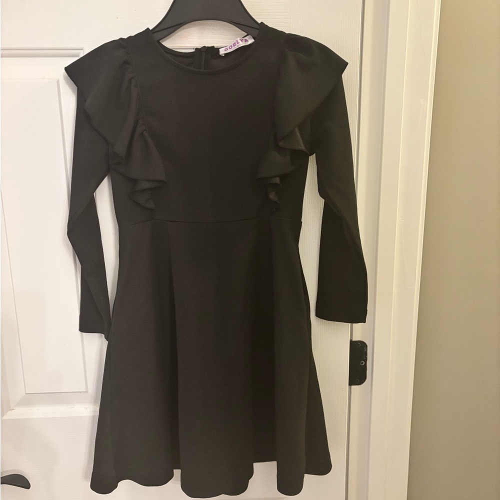 Classic Black Ruffle Long-Sleeve Kids Dress